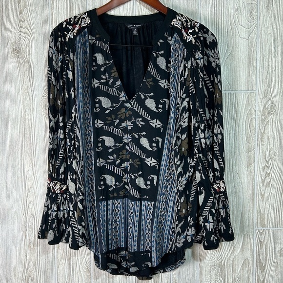 Lucky Brand Boho Peasant V Neck Bell Sleeve Embroidered Blouse Top Tunic SZ L - Picture 1 of 14